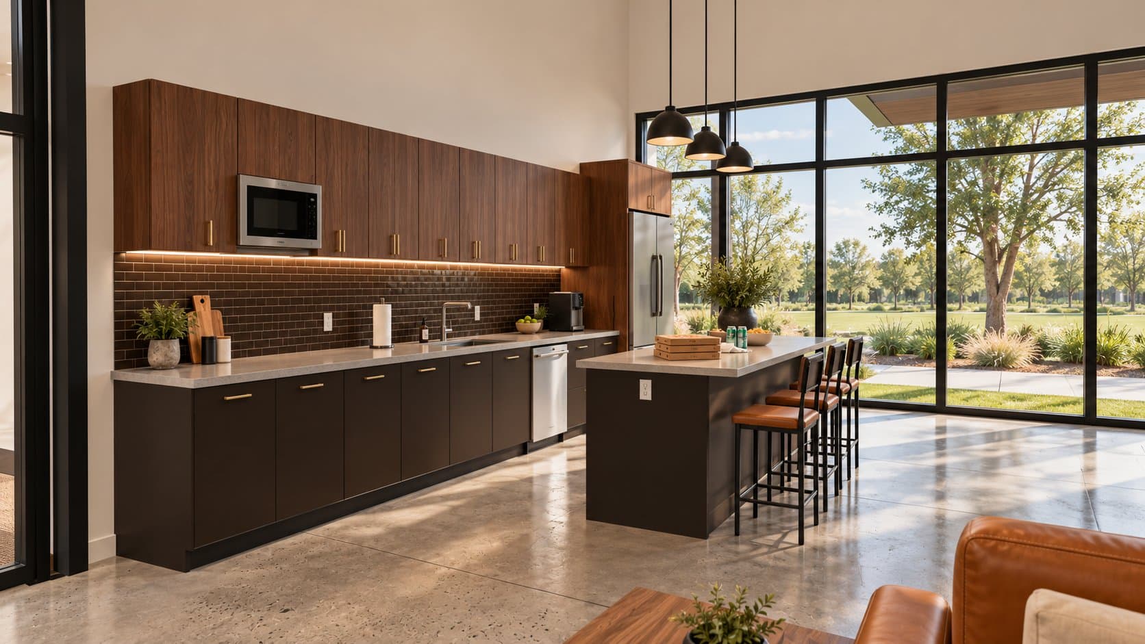 Artist's concept of a Keep clubhouse kitchen with walnut cabinetry and an island facing the lawn