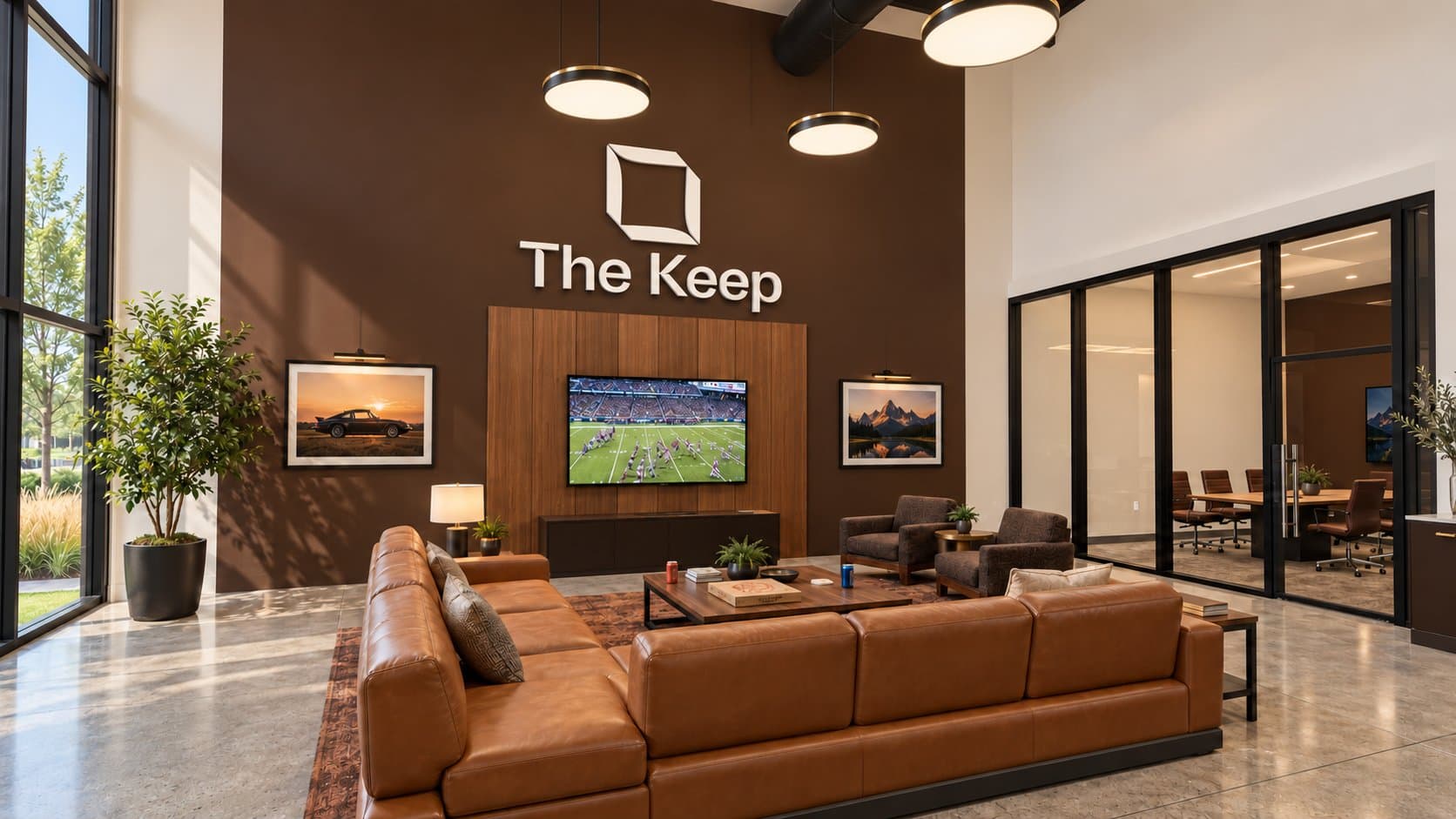 Artist's concept of a Keep clubhouse lounge with leather seating, a feature wall, and a glass-walled conference room