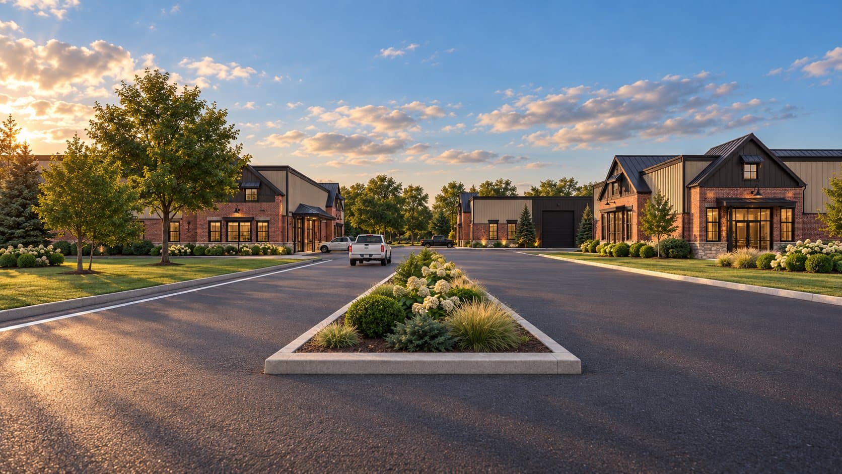 Artist's concept of the landscaped entry court of a Keep community at sunset