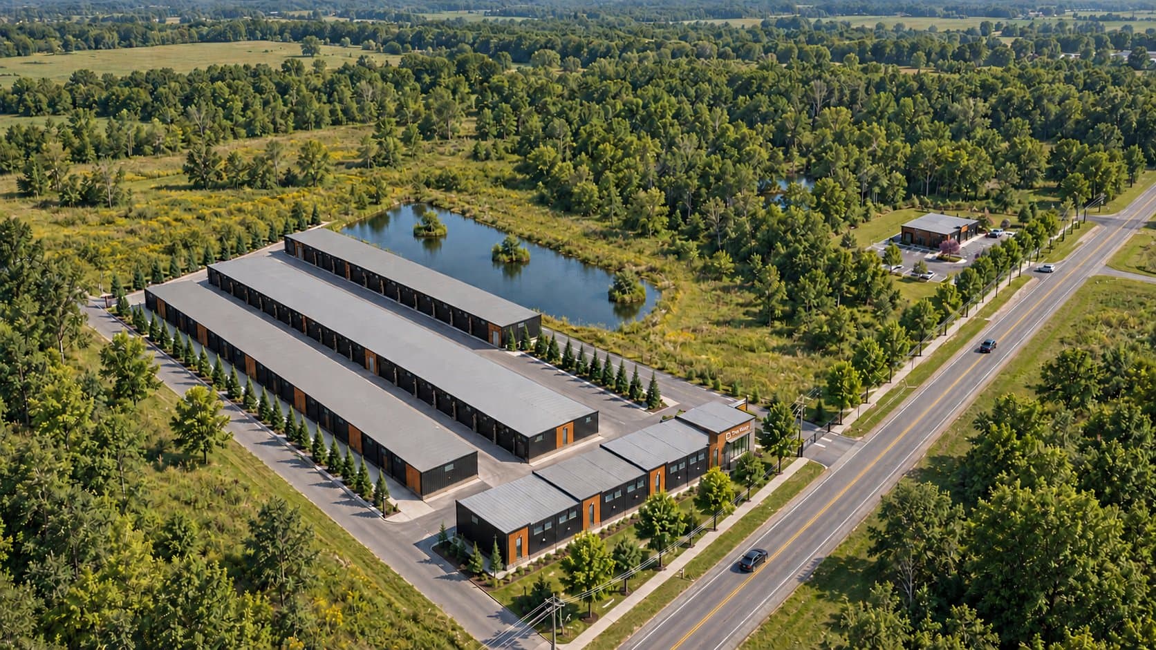 Artist's concept aerial view of a modern Keep community beside a pond and woodland