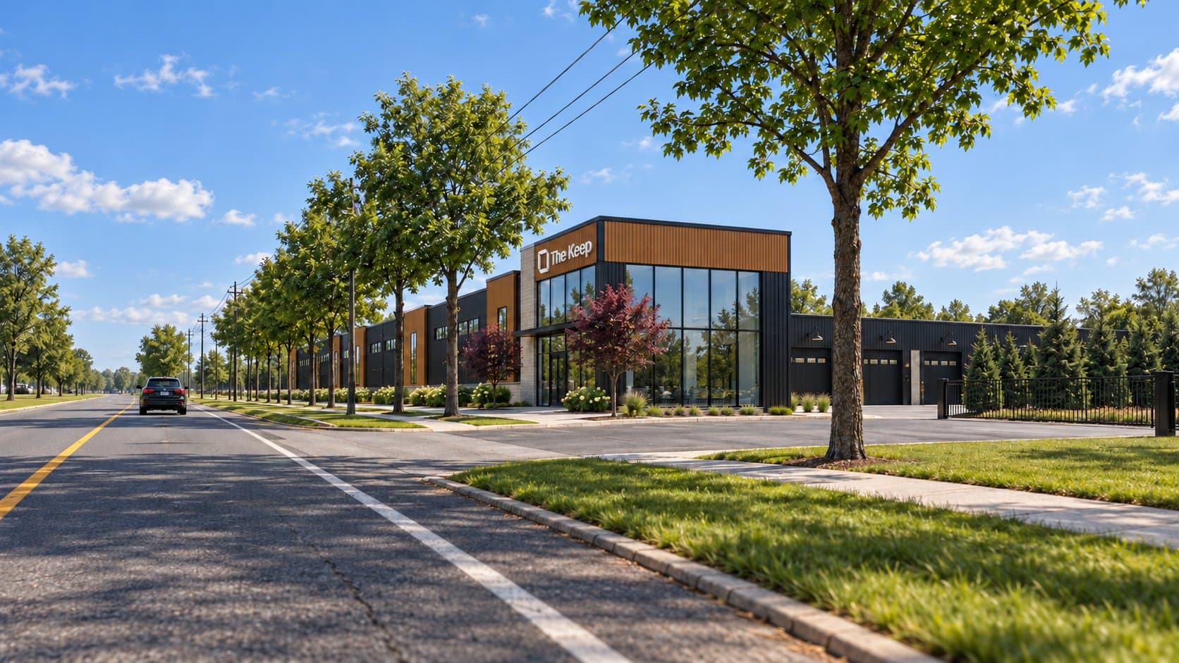 Artist's concept of a Keep community: a dark-clad building with a glass-fronted clubhouse entrance behind a tree-lined street