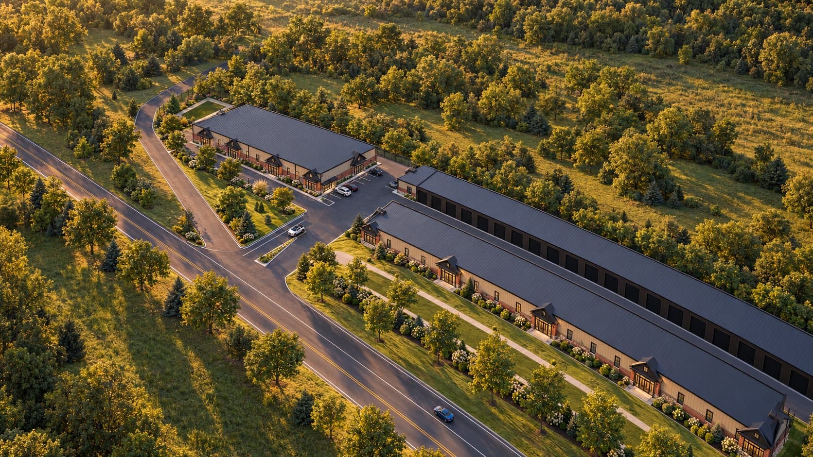 Artist's concept aerial view of a traditional brick Keep community along a landscaped road