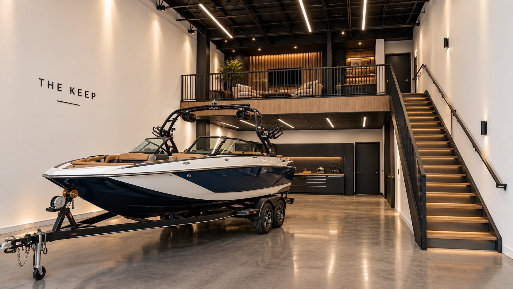 Artist's concept of a suite with a wakeboat on its trailer below a mezzanine lounge