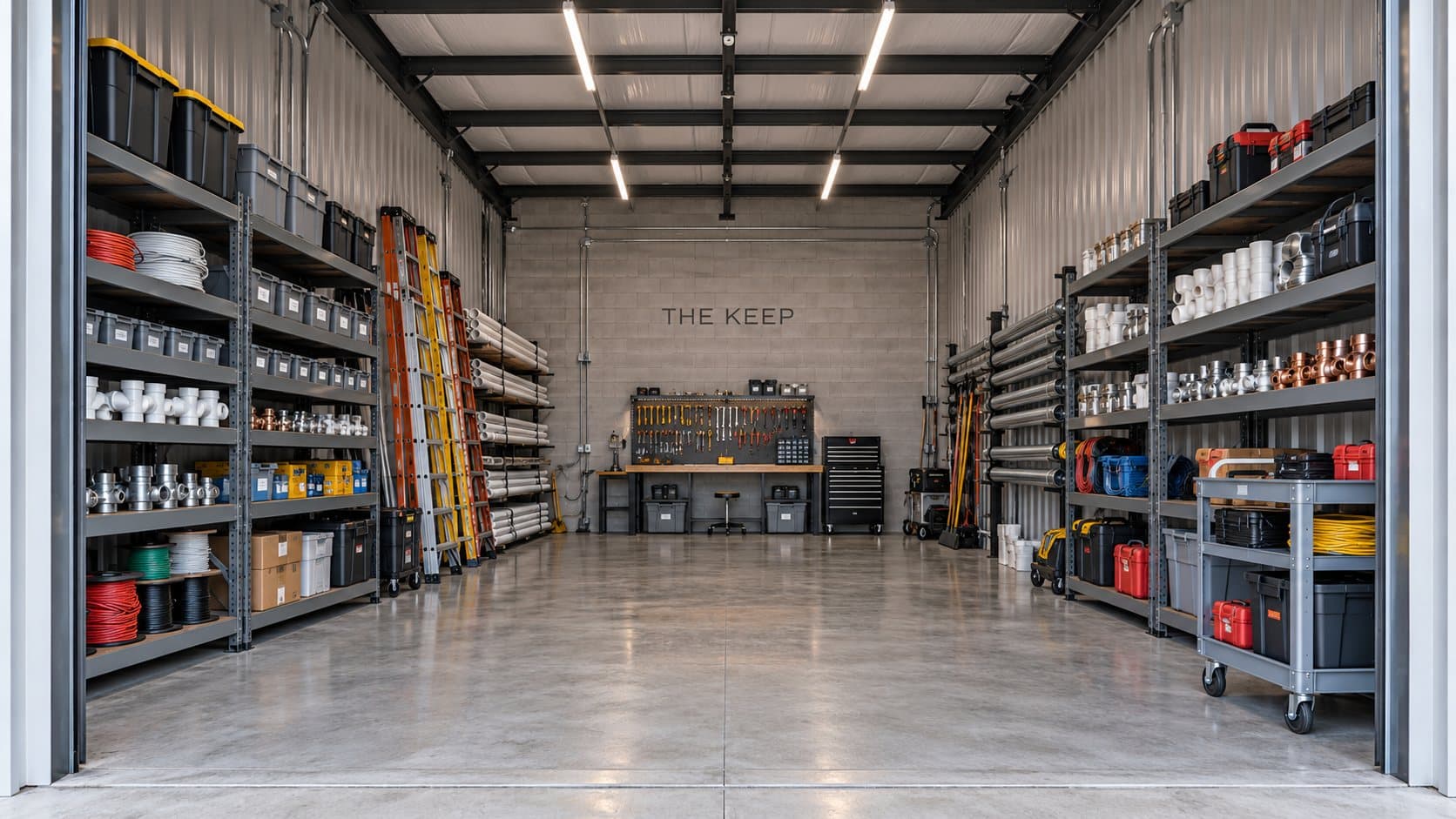 Artist's concept of a suite stocked with trade supplies, ladders, pipe racks, and a workbench